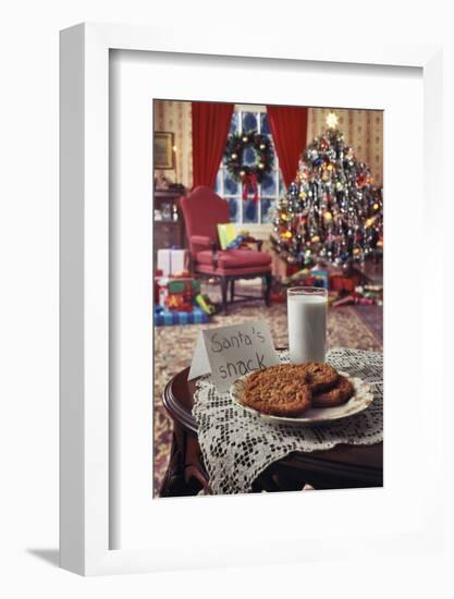 1970s CHRISTMAS INDOOR LIVING ROOM WITH TREE TOYS PRESENTS AND COOKIES AND MILK SNACK FOR SANTA...-Panoramic Images-Framed Photographic Print