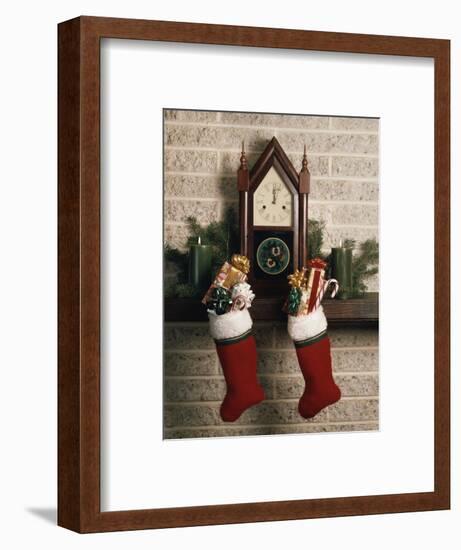 1970s FIREPLACE TWO STOCKINGS CHIMNEY CLOCK PRESENTS CANDY CANE-Panoramic Images-Framed Photographic Print