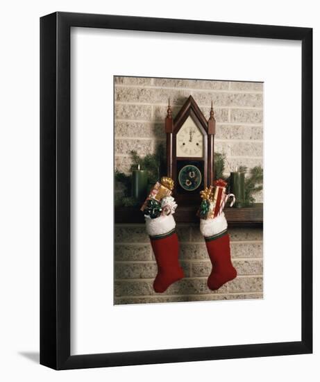 1970s FIREPLACE TWO STOCKINGS CHIMNEY CLOCK PRESENTS CANDY CANE-Panoramic Images-Framed Photographic Print