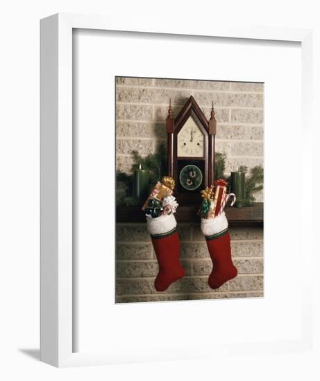 1970s FIREPLACE TWO STOCKINGS CHIMNEY CLOCK PRESENTS CANDY CANE-Panoramic Images-Framed Photographic Print