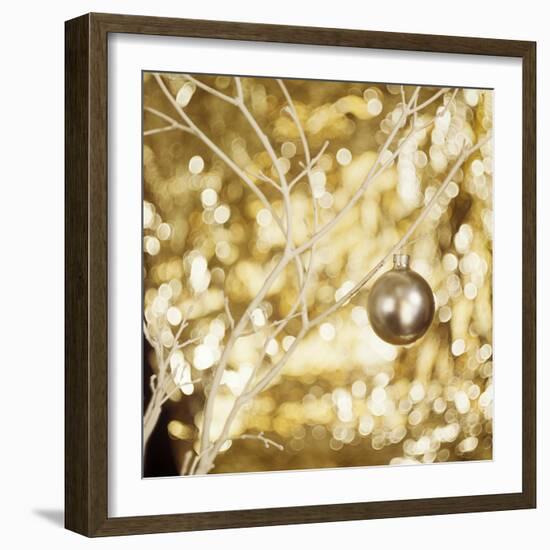 1970s GOLDEN CHRISTMAS ORNAMENT BALL ON WHITE BRANCH GOLDEN LIGHTS-Panoramic Images-Framed Photographic Print