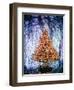 1970s SHINY CHRISTMAS TREE MADE OF CRUMPLED FOIL GREEN ON BLUE BACKGROUND TACKY-Panoramic Images-Framed Photographic Print