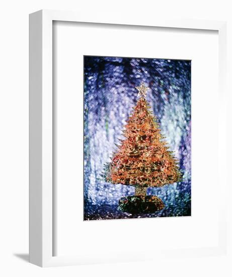 1970s SHINY CHRISTMAS TREE MADE OF CRUMPLED FOIL GREEN ON BLUE BACKGROUND TACKY-Panoramic Images-Framed Photographic Print
