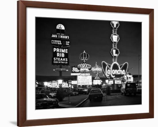 1980s Night Neon on the Strip for El Morocco La Concha Stardust Las Vegas,, Nevada-null-Framed Photographic Print