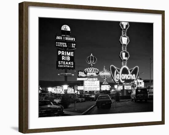 1980s Night Neon on the Strip for El Morocco La Concha Stardust Las Vegas,, Nevada-null-Framed Photographic Print