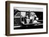 1990s FOOD TRAY WITH SODA FOUNTAIN ITEMS ON CAR WINDOW AT 1950s STYLE DRIVE-IN RESTAURANT-Hub Willson-Framed Photographic Print