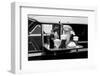 1990s FOOD TRAY WITH SODA FOUNTAIN ITEMS ON CAR WINDOW AT 1950s STYLE DRIVE-IN RESTAURANT-Hub Willson-Framed Photographic Print