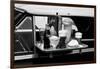 1990s FOOD TRAY WITH SODA FOUNTAIN ITEMS ON CAR WINDOW AT 1950s STYLE DRIVE-IN RESTAURANT-Hub Willson-Framed Photographic Print