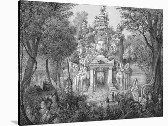 19C Print of the Elephant Gateway with Khmer Buddhists at Temple of Angkor Thom-null-Stretched Canvas