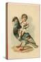 19th-Century Trade Card Depicting a Child Riding a Pigeon-null-Stretched Canvas