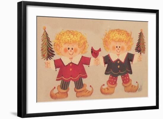 2 Elves Holding Christmas Trees and a Cardinal in the Middle-Beverly Johnston-Framed Giclee Print