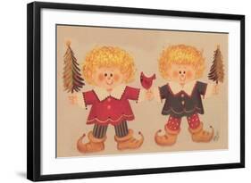 2 Elves Holding Christmas Trees and a Cardinal in the Middle-Beverly Johnston-Framed Giclee Print