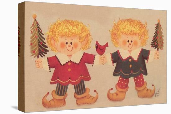 2 Elves Holding Christmas Trees and a Cardinal in the Middle-Beverly Johnston-Stretched Canvas