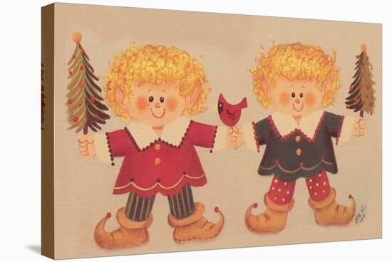 2 Elves Holding Christmas Trees and a Cardinal in the Middle-Beverly Johnston-Stretched Canvas