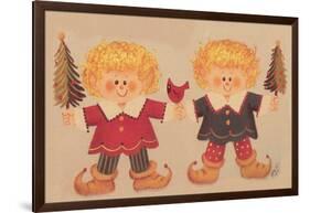 2 Elves Holding Christmas Trees and a Cardinal in the Middle-Beverly Johnston-Framed Giclee Print