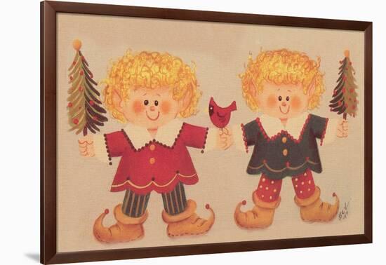 2 Elves Holding Christmas Trees and a Cardinal in the Middle-Beverly Johnston-Framed Giclee Print
