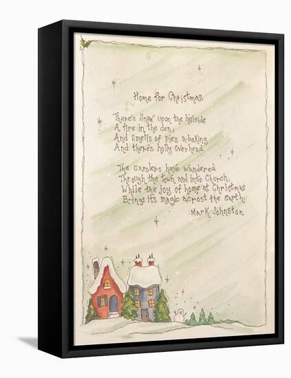 2 Snow Covered House with a Snowman Next to it and a Mark Johnston Poem Above-Beverly Johnston-Framed Stretched Canvas