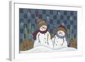 2 Snowmen Standing by a Fence and Trees with a Red Bird Between the Two-Beverly Johnston-Framed Giclee Print