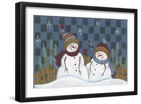 2 Snowmen Standing by a Fence and Trees with a Red Bird Between the Two-Beverly Johnston-Framed Giclee Print
