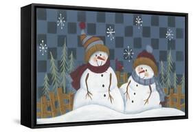 2 Snowmen Standing by a Fence and Trees with a Red Bird Between the Two-Beverly Johnston-Framed Stretched Canvas