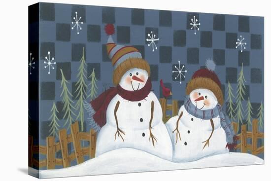 2 Snowmen Standing by a Fence and Trees with a Red Bird Between the Two-Beverly Johnston-Stretched Canvas