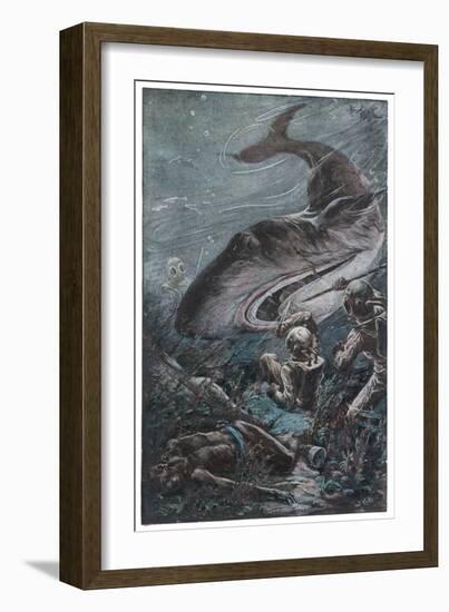 20,000 Leagues Under the Sea: Divers Attacked by a Shark-Henry Austin-Framed Art Print