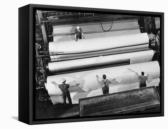 20 Ft. Roll of Finished Paper Arriving on the Rewinder, Ready to Be Cut and Shipped from Paper Mill-Margaret Bourke-White-Framed Stretched Canvas