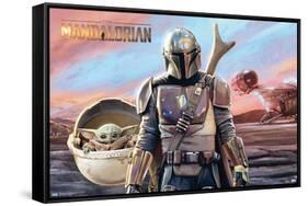 24X36 The Mandalorian - Mando and The Child with Ship-Trends International-Framed Stretched Canvas