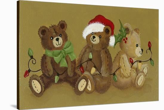 3 Christmas Teddy Bears Strewn with Lights-Beverly Johnston-Stretched Canvas