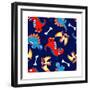 3 Cute Dinosaurs in a Seamless Pattern-Adam Fahey-Framed Premium Giclee Print