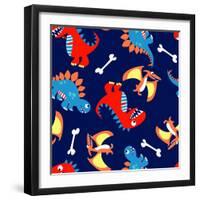 3 Cute Dinosaurs in a Seamless Pattern-Adam Fahey-Framed Art Print