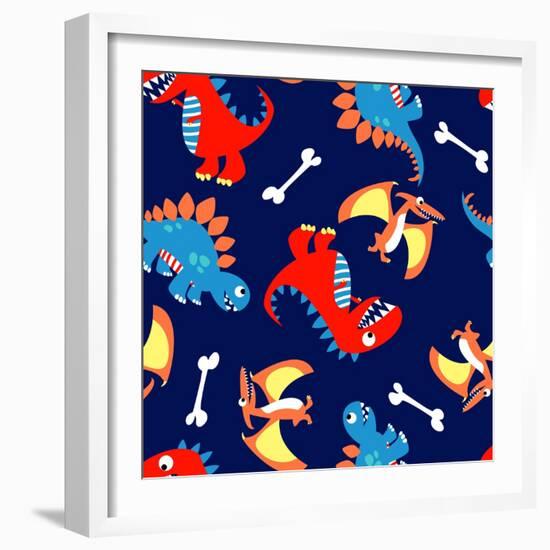 3 Cute Dinosaurs in a Seamless Pattern-Adam Fahey-Framed Art Print