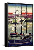 3 Masted Ship in Yokohama Harbor, Japanese Wood-Cut Print-Lantern Press-Framed Stretched Canvas