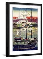 3 Masted Ship in Yokohama Harbor, Japanese Wood-Cut Print-Lantern Press-Framed Art Print