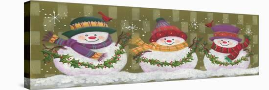 3 Snowmen Holding Strands of Holly 2 with Red Birds on their Hats Checkered Background-Beverly Johnston-Stretched Canvas