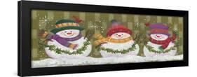 3 Snowmen Holding Strands of Holly 2 with Red Birds on their Hats Checkered Background-Beverly Johnston-Framed Giclee Print