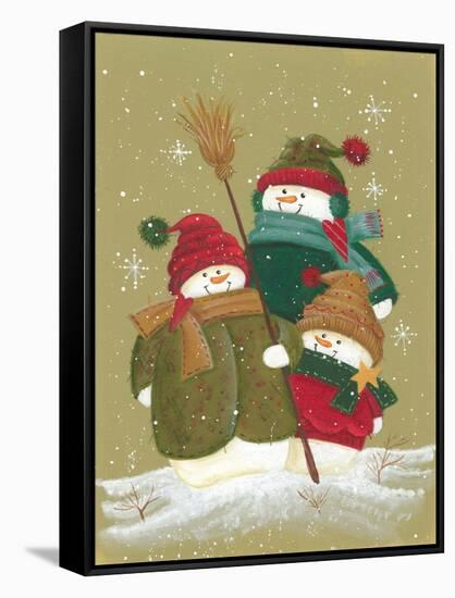 3 Snowmen Wearing Scarves and Jackets 1 Holding a Broom-Beverly Johnston-Framed Stretched Canvas
