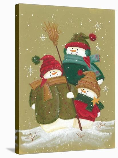 3 Snowmen Wearing Scarves and Jackets 1 Holding a Broom-Beverly Johnston-Stretched Canvas