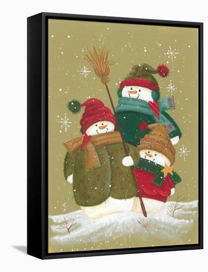 3 Snowmen Wearing Scarves and Jackets 1 Holding a Broom-Beverly Johnston-Framed Stretched Canvas