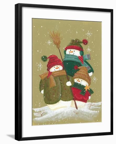 3 Snowmen Wearing Scarves and Jackets 1 Holding a Broom-Beverly Johnston-Framed Giclee Print