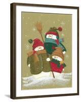 3 Snowmen Wearing Scarves and Jackets 1 Holding a Broom-Beverly Johnston-Framed Giclee Print