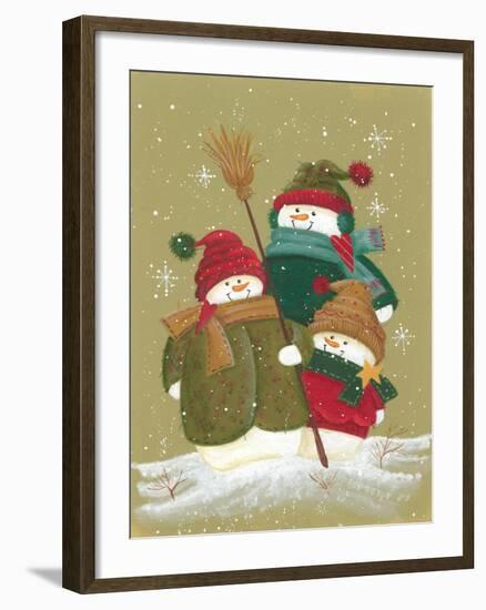 3 Snowmen Wearing Scarves and Jackets 1 Holding a Broom-Beverly Johnston-Framed Giclee Print