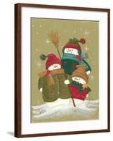 3 Snowmen Wearing Scarves and Jackets 1 Holding a Broom-Beverly Johnston-Framed Giclee Print