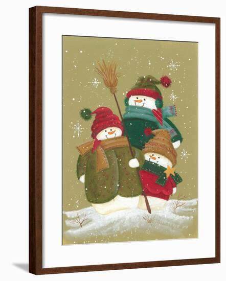 3 Snowmen Wearing Scarves and Jackets 1 Holding a Broom-Beverly Johnston-Framed Giclee Print