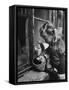 3 Year Old Child Playing with Doll on Window Sill of Apartment-Stan Wayman-Framed Stretched Canvas