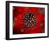 3D illustration of a coronavirus with magma effect on a colored background.-Leonello Calvetti-Framed Art Print