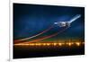 3D Illustration of an Aircraft at Take off on Night Airport. Bright Lights at Runway and Speed Line-Egorov Artem-Framed Art Print