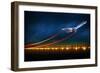 3D Illustration of an Aircraft at Take off on Night Airport. Bright Lights at Runway and Speed Line-Egorov Artem-Framed Art Print