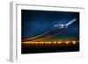 3D Illustration of an Aircraft at Take off on Night Airport. Bright Lights at Runway and Speed Line-Egorov Artem-Framed Art Print