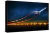 3D Illustration of an Aircraft at Take off on Night Airport. Bright Lights at Runway and Speed Line-Egorov Artem-Stretched Canvas